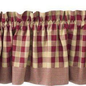 Country Primitive York Wine Valance Burgundy & Tan Check Window Topper